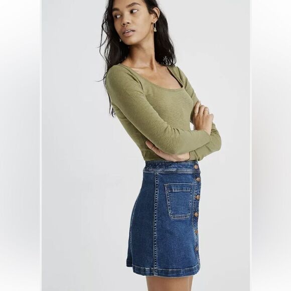 Madewell Stretch A-Line Mini Skirt in Salisbury Wash Patch Pocket Sz 00 - Picture 3 of 11